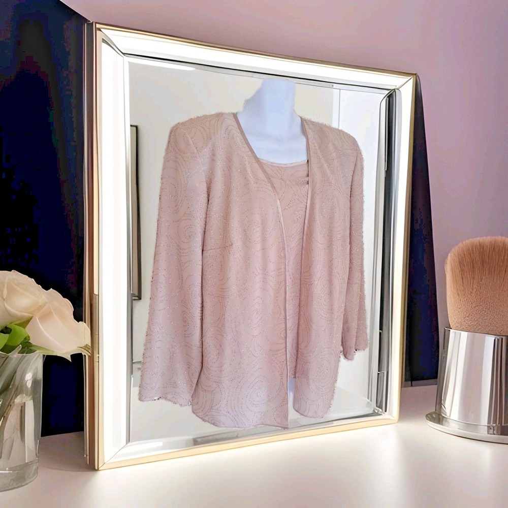 R & M Richards Two Piece Set 16W Taupe Sparkle Lined Tank Top & Sheer Cardigan